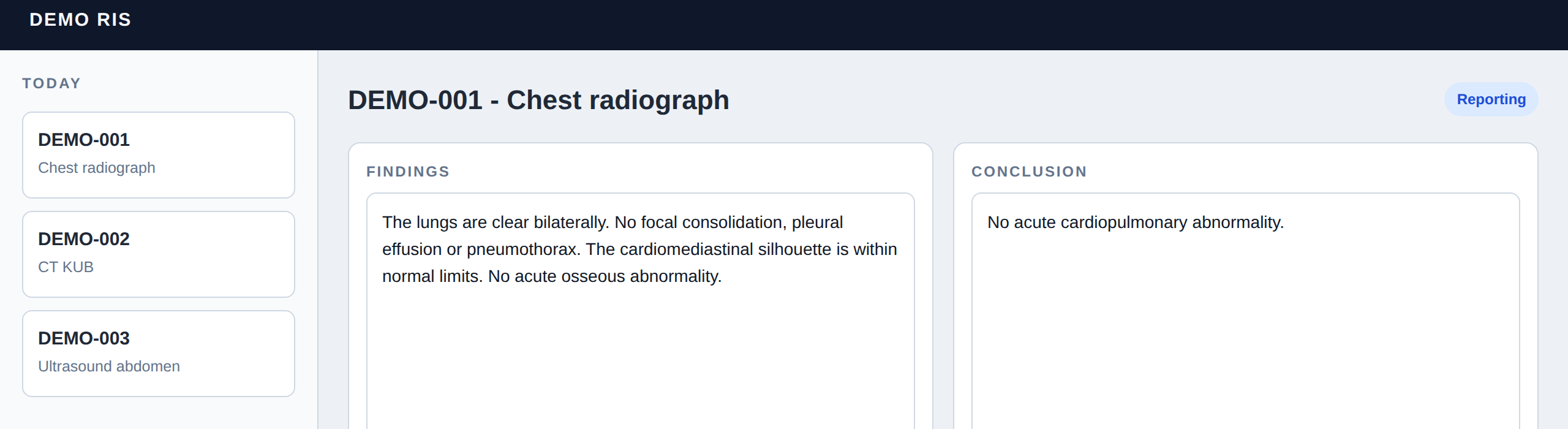 The finished dictation inserted into the RIS: findings text in the findings field and the conclusion in the conclusion field